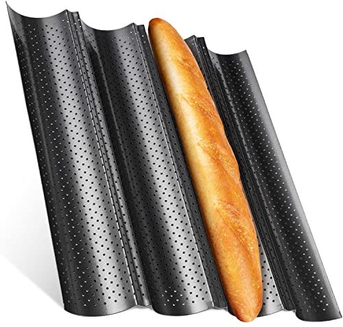 Feelino Backformen, Baguette Backform aus Carbonstahl, Spülmaschinenfestes 4er Baguette-Backblech, Baguetteblech mit 4 Mulden, Brötchen Backform Gelocht, Brot Backen Zubehör, Antihaft Metall-Backform