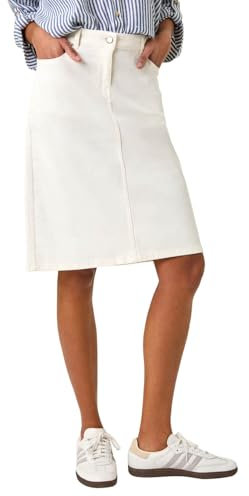 Roman Originals Denim Skirt with Pockets for Women UK - Ladies Jean Skirts Cotton Stretch Mid Wash Fitted A Line Casual Smart Work Office Knee Length Flattering Slimming - White - Size 14