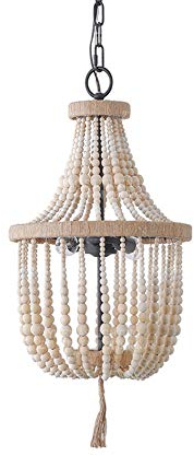 E14 Antiken Rustikalen Kronleuchter Holzperlen Während Light Hängelampe Mid Century Deckenleuchte Befestigung Zu Schlafzimmer Wohnzimmer-Holzfarbe 30 * 50cm