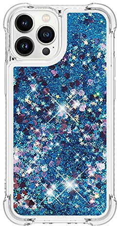 iPhone 13 Pro Case Glitter, 3D Bling Sparkle Quicksand Flowing Liquid Clear Transparent TPU Gel Silicone ShockProof Protective Phone Case for iPhone 13 Pro Cover Girls, Blue