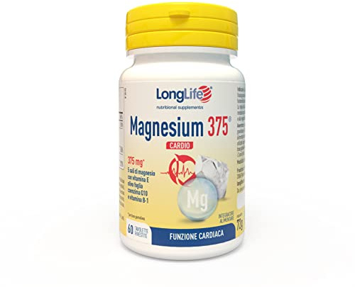 LongLife® Magnesium 375 Cardio | 5 sali di magnesio ad alta biodisponibilità | Vitamina E, estratto di olivo foglia, Co En Q10 e vitamina B-1 | Funzionalità cardiaca | Vegano e senza glutine