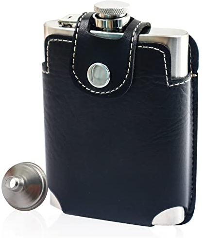 LELE LIFE Flasque de 230 ml avec étui en cuir, facile à transporter, en acier inoxydable 18/8 304 pour liqueur, anti-fuite avec petit entonnoir, 090