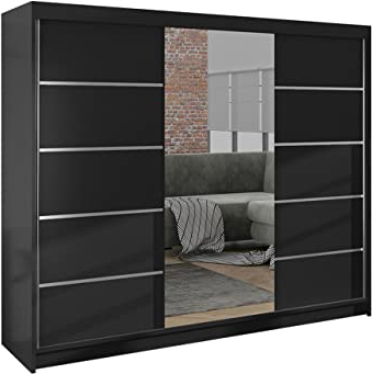 Mirjan24 Kleiderschrank Dotan VI mit Spiegel, Kleiderstange und Fächer, Schlafzimmerschrank, Schwebetürenschrank, Dielenschrank, Garderobenschrank (Schwarz/Schwarz)