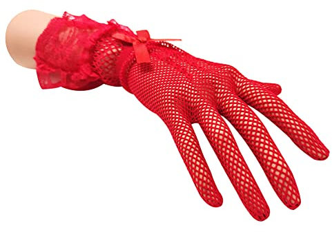 ihreesy Damen Spitzenhandschuhe, Spitze Mesh Handschuhe Volle Finger Hochzeit Brauthandschuhe Sommer Handstulpen Elegante Kurz Netzhandschuhe Hochzeithandschuhe für Hochzeit Tanzen,Rot