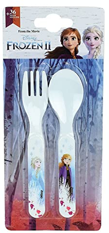 FUN HOUSE DISNEY REINE DES NEIGES ENSEMBLE DE COUVERTS REUTILISABLES COMPRENANT UNE FOURCHETTE ET UNE CUILLERE POUR ENFANT H.13,5 X L.3 CM - Vaisselle réutilisable