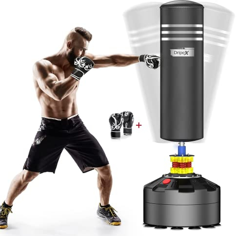 Dripex Saco de Boxeo de Pie para Adultos, Compañero de Boxeo de MMA, Entrenador de Boxeo, Resistente, con Base de Succión, Rellenable de Arena 80kg /Agua 60kg Aprox (Negro + Guantes)