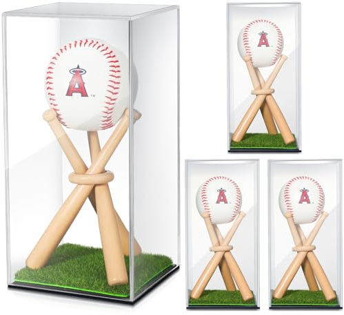 Mudder Baseball-Vitrine und Holzständer, Acryl-Baseball-Halter, Acryl-Box mit Gras-Pad für Ball-Display, Mini-Holzschläger, Vitrine für Erinnerungsstücke, Autogrammbälle (4 Packungen)