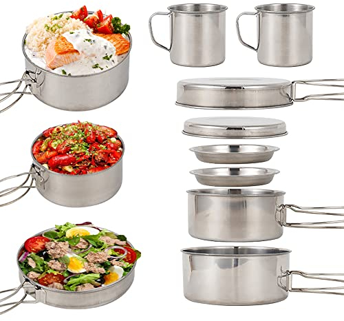 Lixada Camping Kochgeschirr Kit, 8-teiliges Camping Topf Pfanne Set, Edelstahl Geschirr Kochtopf Set mit Tellern, Tassen für Picknick, Outdoor-Camping, Wandern, Rucksackreisen