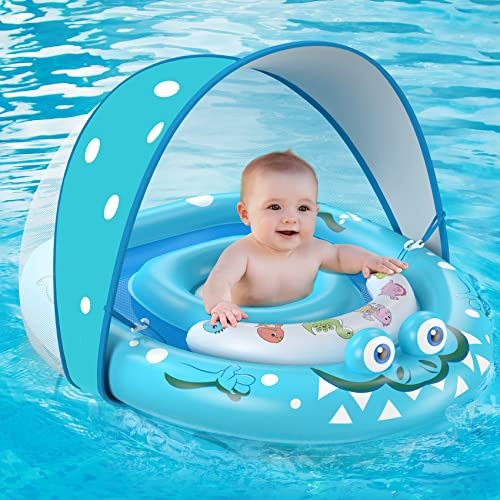 URMYWO Bouee Bebe Anneau de Bain Bébé Bouee Piscine Enfant auvent de Protection Solaire UPF50+ et Console de Jeu Bouée Bébé de 3 à 36 Mois Siège de Sécurité Réglable (Bleu)