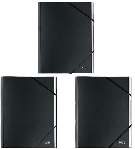 Leitz A4 Ordnungsmappe, 6 integrierte Fächer, Elastischer Gummiband-Verschluss, 100% recyclebar, Umweltfreundlich, Recycle-Serie, Schwarz, 39140095 (Packung mit 3)