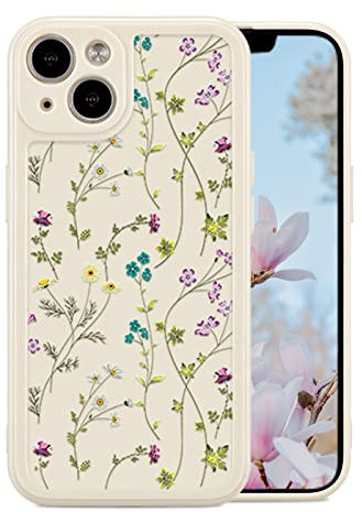 RALEAVO Flower Case for iPhone 15 (6.1), Girls Floral Silicone Shockproof Case Cover with Cute Patterns Protective Case for iPhone 15-Beige