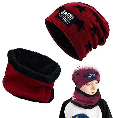 Amebleak Kinder Wintermütze und Schal Set, Winter Warm Beanie Mütze, Unisex Strickmütze Mit Fleecefutter, Wolle Strickmütze und Loop Schal für 6-14 Jahre Alt Jungen Mädchen (Rot)