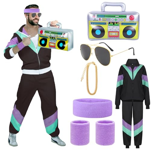 1980s Fancy Dress Men's Shell Suit - 80s/90s Retro Rave Scouser Stag Do Outfit - Black Jacket & Pants Accessories (L)