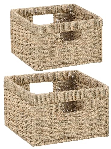YheenLf Aufbewahrungskorb, 2er-Pack Körbe (30x30x17.5cm/25.5x25.5x16cm), Korb geflochten, Stapelbare Regalkörbe, Aufbewahrungsboxen für Schlafzimmer und Badezimmer, Schöner Basket, Seegras