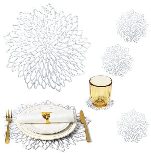 XZZM Home Silver Charger Plates Set of 12 Silver Placemats Table Mats Place Mats & 12 Pcs Coasters Modern Christmas Holiday Vinyl Washable Placemats Kitchen Dining Wedding Table Decor Setting