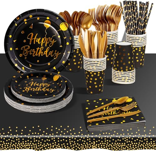 AIPartywar 193pcs Or Noir Anniversaire Party Vaisselle,Kit Vaisselles Anniversaire Assiette Dîner Papier Tasse Serviette, Enfants Party Fête Mariages Baby Shower Noël, 24 invités