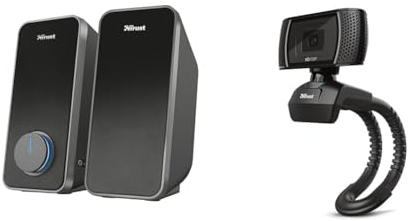 Trust Altoparlanti, Nero, 28 W & Trino Webcam HD con Microfono Incorporati, 1280 x 720, USB 2.0, Video Camera per PC