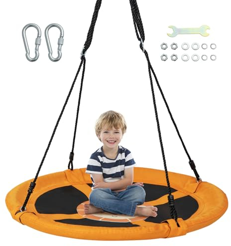 GOPLUS Nestschaukel, Ø100cm Kinderschaukel höhenverstellbar bis 100kg, Hängeschaukel mit Löwe/Dinosaurier/Einhorn-Motiven, Baumschaukel Rundschaukel für Kinder ab 3, Indoor & Outdoor (Gelb)