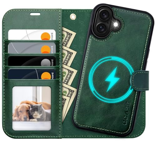 OCASE Étui Amovible pour iPhone 16 Plus (6,7 Pouces) Vert Foncé | Magnétique 2 en 1 Portefeuille, Blocage RFID, Coque à Rabat, Housse en Cuir PU, Béquille, Fentes Cartes, Protection Antichoc