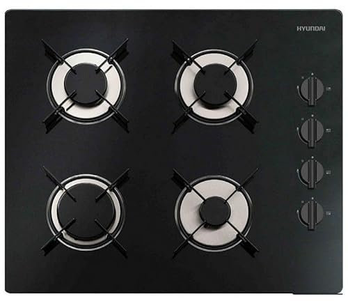 Hyundai Encimera de Gas Cristal negro HYPCG4F6BU. Potencia máx. 7800 kW, 4 Quemadores, Quemador WOK triple llama, con Ignición Automática, Parrillas Forjadas, Incluye Kit de Conversión Gas Natural