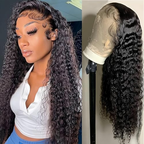 13x4 Lace Frontal Water Wave Perücke für Damen Free Part Human Hair Lace Wig Natürlich Brasilianisch Menschliches Haar Perücke Echthaar 150% Density 18 Inch Color Natural Black