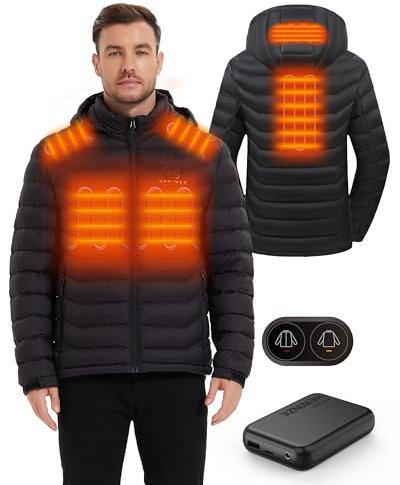 HEWINZE Beheizbare Jacke Herren mit kapuze,Warme Pufferjacke Damen mit akku 7.4V,Doppelschaltersteuerung Winterjacke für Outdoor Wandern Jagd Motorrad Camping.