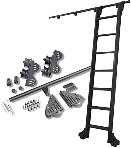 Sliding Ladder Hardware Retractable Rolling Library Ladder Rails Kit, Black Steel Round Tube Mobile Ladder Tracks With Floor Roller Wheels (No Ladder)