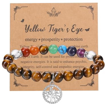 Jovivi 8mm Bracelet 7 Chakra Pierre Naturelle avec Accesoires Arbre de Vie Bracelet Fait Main Elastique Bijoux Braclet Cadeau pour Femme Fille Anniversaire Bff Couple (oeil de tigre)