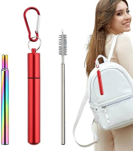 Mixnexorad Pajita portátil, pajitas reutilizables con estuche | Juego de pajitas telescópicas portátiles | Pajitas de metal reutilizables con 1 estuche, 1 cepillo de limpieza, 1 llavero, accesorios de