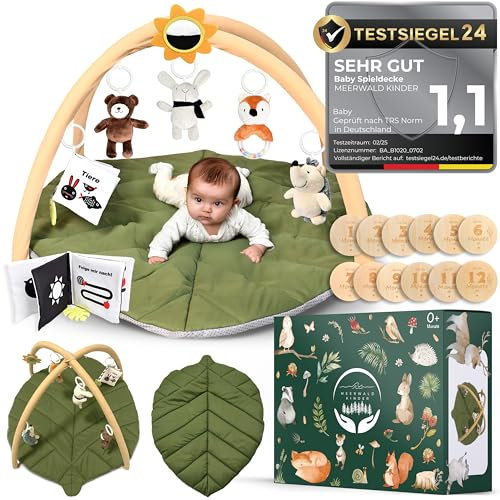 MEERWALD KINDER Spielbogen Baby - Premium Baby Spieldecke mit Bogen blattförmig mit 6 sensorischen Spielzeugen inkl. Meilensteinkarten Baby - Spielmatte Baby, Krabbelmatte, extra dicke Krabbeldecke