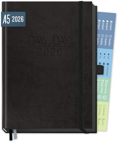 Häfft® Organizer Day by Day Deluxe 2026 A5 Tagesplaner Kalender mit 1 Tag pro Seite All Black, Terminplaner - nachhaltig & klimafreundlich