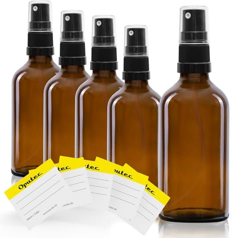 Oputec Lot de 5 flacons pulvérisateurs en verre de 50 ml avec atomiseur + 5 étiquettes d'étiquetage – Bouteilles en verre marron avec tête de pulvérisation fine – Bouteilles à pompe