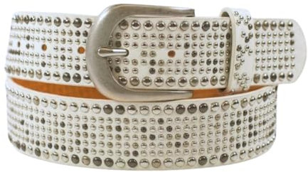 Damengürtel mit Nieten, Strass-Nieten-Besatz, Synthetikgürtel im Vintage-Style, Breite ca. 3,8 cm (Weiß; BW90cm - Gesamtlänge 105cm)