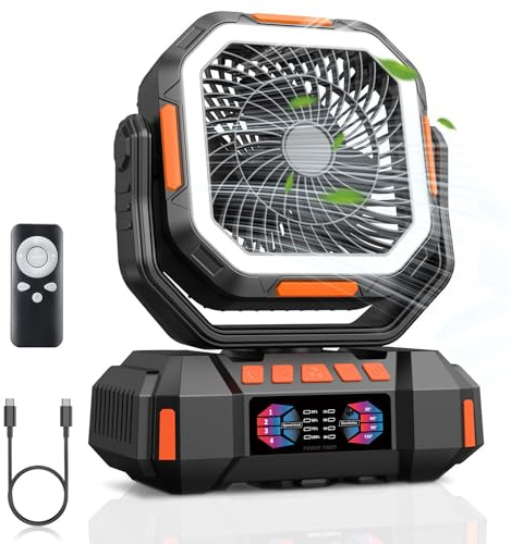 Glitnous Camping Fan with LED Light, 40000mAh Rechargeable Portable Battery Operated Powered Fan, Cordless USB Desk Fan with 360°Oscillating Rotation Hanging Hook for Tents, Camping, Fishing, Black