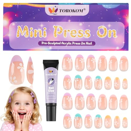 26 Stück Press-On-Nägel Für Kinder, TOROKOM 1 Packung, Französische Blume | Süße Künstliche Kindernägel, Zum Aufkleben Kurze Mandeln, Künstliche Nagelkunst, Mit Aufbau-Nagelkleber