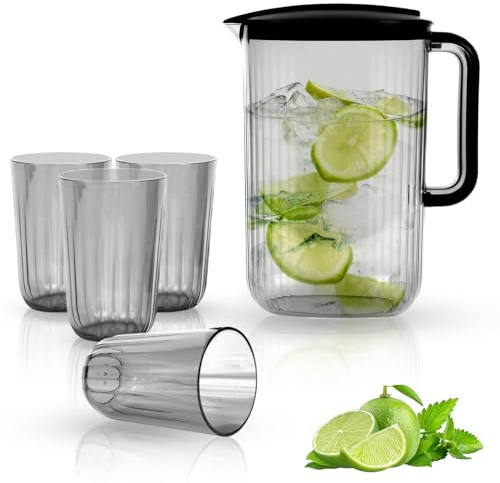 Plastic Jugs 2 Litre, Water Jug with 4 Cups, Wide Vented Spout Juice jug for Hot/Cold Water Ice Tea Coffee Milk & Beverage Cocktail Jugs for BBQ's, Parties, Camping