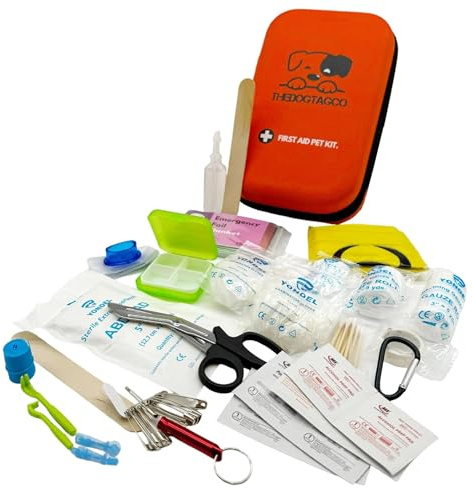 TheDogTagCo Kit de premiers secours pour chien – Plus de 40 fournitures de santé – Compact et portable – Soyez prêt pour toute urgence pour animal domestique V2