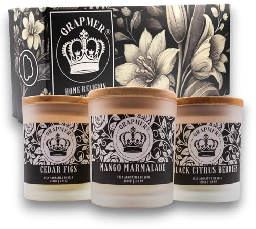 GRAPMER Set Velas Aromáticas Soja 3x140g Tapa Madera +75h Regalo Mujer | Cera Natural de Soja, Aromas Mermelada de Mango, Bayas Cítricas e Higos Salvajes, Frasco Esmerilado, Decoración del Hogar