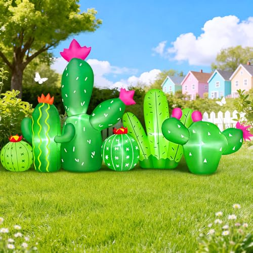 KOOY Cactus gonfiabile estivo da 1,8 m, decorazione per esterni, cactus lungo gonfiabile, decorazione da giardino, luci LED integrate per primavera, estate, Pasqua, cortile, giardino, prato