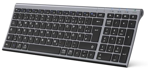 iClever Bluetooth Tastatur, kabellose Multi-Device Bluetooth-Tastatur mit 3 Bluetooth Kanälen, Funk Tastatur wiederaufladbar, für Windows PC/Chrome/Mac - Deutsches QWERTZ-Layout