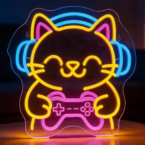 DAJASD Katze Neon Schild, 33 cm Neon Schild Gaming, Katze Led Schild, Gaming Led Schild mit USB-Ladefunktion für Resturant Wohnzimmer Schlafzimmer Küche Bar Party Home Store Geschenke