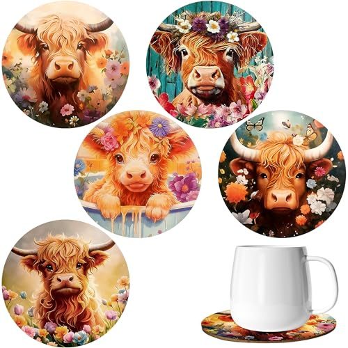 Highland Cow Animal and Floral 6 Wooden Coasters, Coffee Coaster