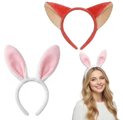 JYXNU 2 Pièces Serre-tête Oreilles de Lapin et Bandeau Oreilles de Renard en Peluche Déguisement Lapin pour Enfants Adultes Accessoires de Costume Pâques Carnaval Cosplay