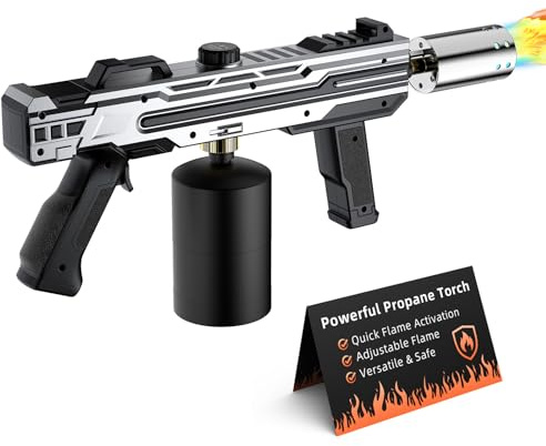Powerful Grill Torch Gun, Adjustable Flamethrower Blowtorch for BBQ, Camping, Charcoal Lighter & Fire Starter - Tank not Included (Silver)