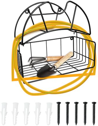 SWTHM Trädgårdsslanghållare, väggmonterat rör förvaringskorg kraftig vattenslanghängare med verktygskorg och vindtät design rymmer 45 m trädgårdsslang för utomhus gård garage uteplats