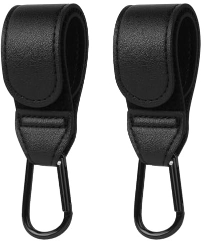Marine Aurora 2 Pack Pram Hooks, Faux Leather Adjustable Hook and Loop Strap Clips with Large Carabiner, Holds Up to 12lbs Universal Hook for Diaper Bags, Shopping Trolleys, Wheelchairs, Bikes, Black