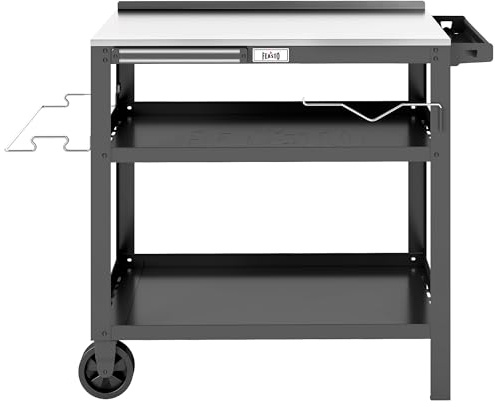 Feasto Garden Serving Trolley with Stainless Steel Tabletop, 80 x 45 cm | 3-Tier Outdoor Grill Cart with Seasoning Rack & Magnetic Tools Holder, Ideal Cooking Station for Pizza Oven and Gas Griddle