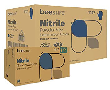 BeeSure BE1117case Powder Free Exam Gloves, Nitrile, BeadedCuff, Medium, Blue (Pack of 1000)