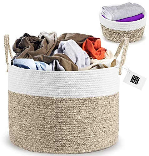 DECO HAUS Wäschekorb aus Baumwolle 35x50cm - Für Aufbewahrung von Wäsche, Bücher, Spielzeug, Decken, Kissen etc. - Faltbar, robust, praktisch - Stylisch, neutrale Farben - Handgemacht, chemiefrei