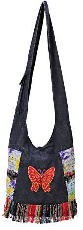 THE COLLECTION ROYAL Patchwork Baumwolle Sling Crossbody Schulter Hobo-Tasche Hippie Boho Bohemian, Schwarzer Schmetterling, Einheitsgröße